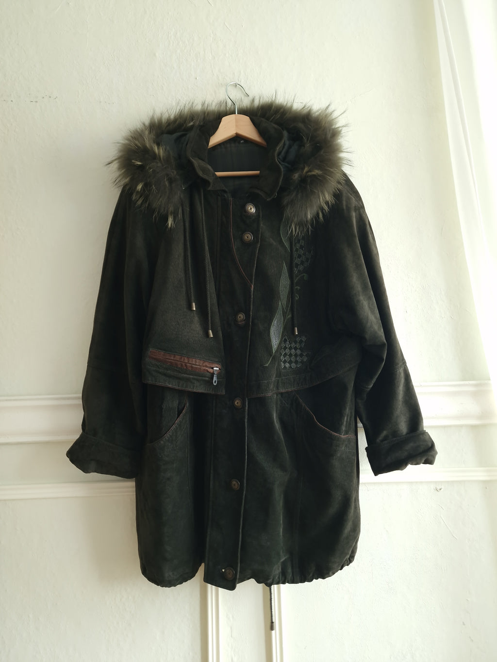 Vintage suede coat with real fur hood