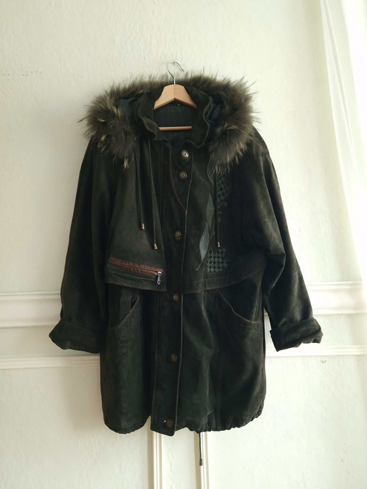 Vintage suede coat with real fur hood