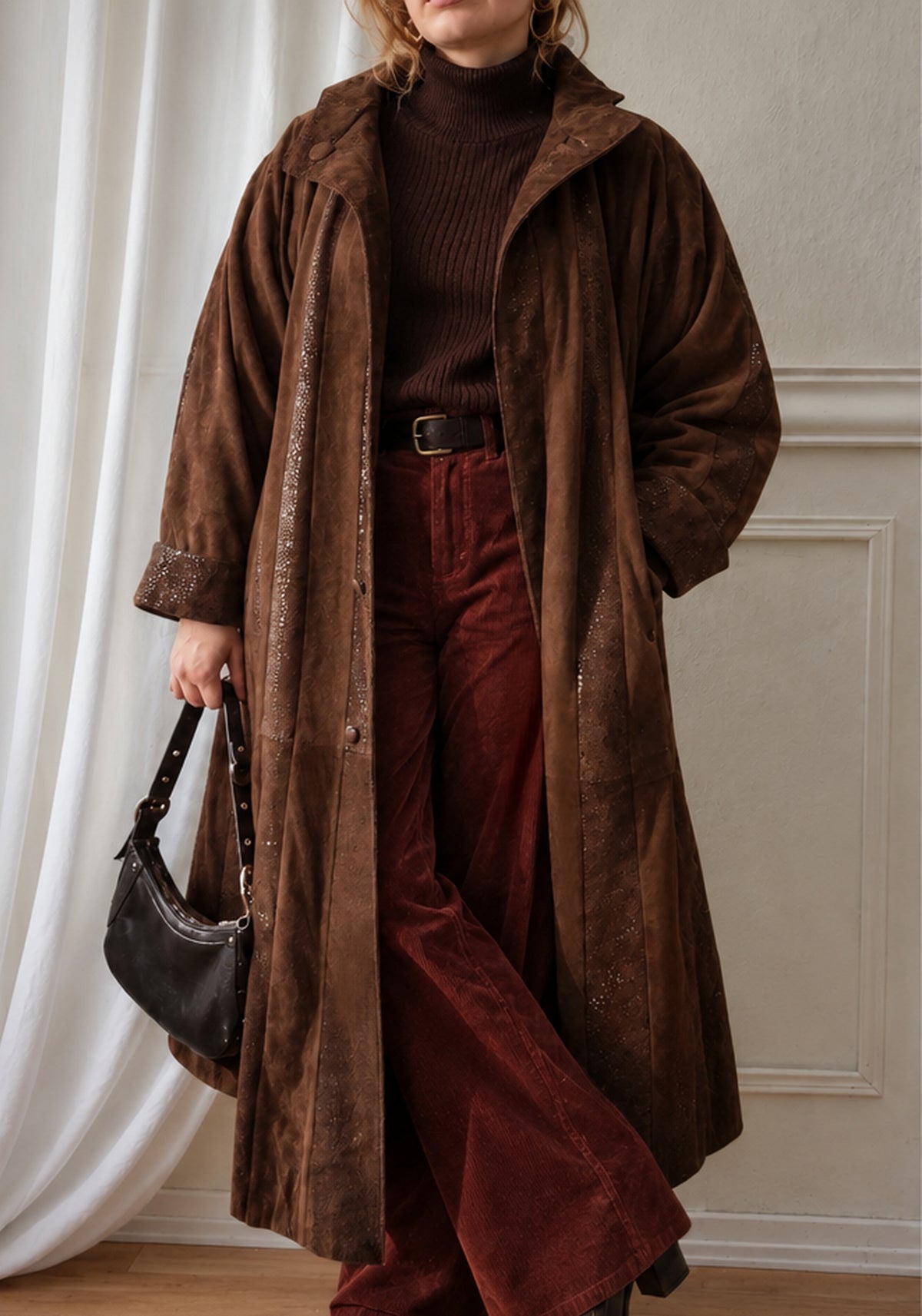 Long 80s patchwork leather coat