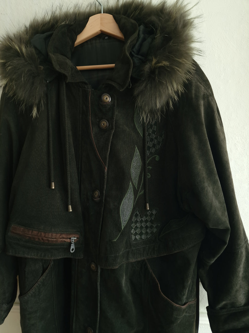 Vintage suede coat with real fur hood