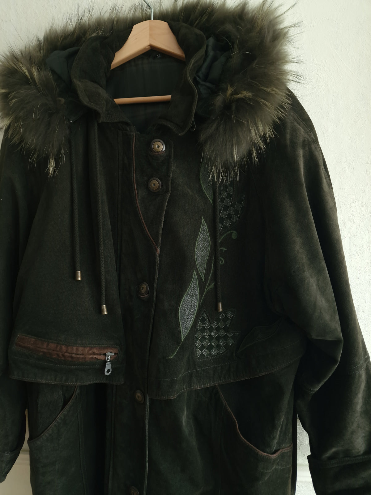 Vintage suede coat with real fur hood