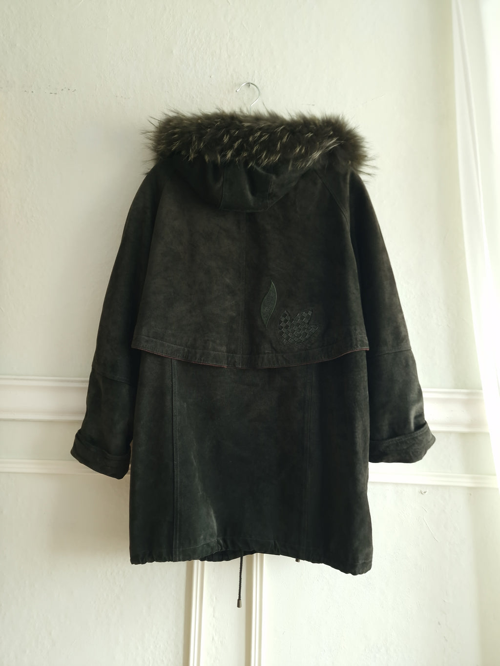 Vintage suede coat with real fur hood