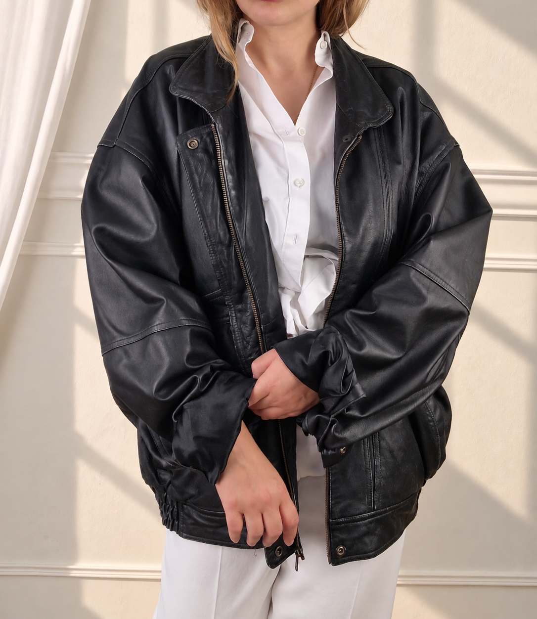 Oversized vintage leather jacket in black