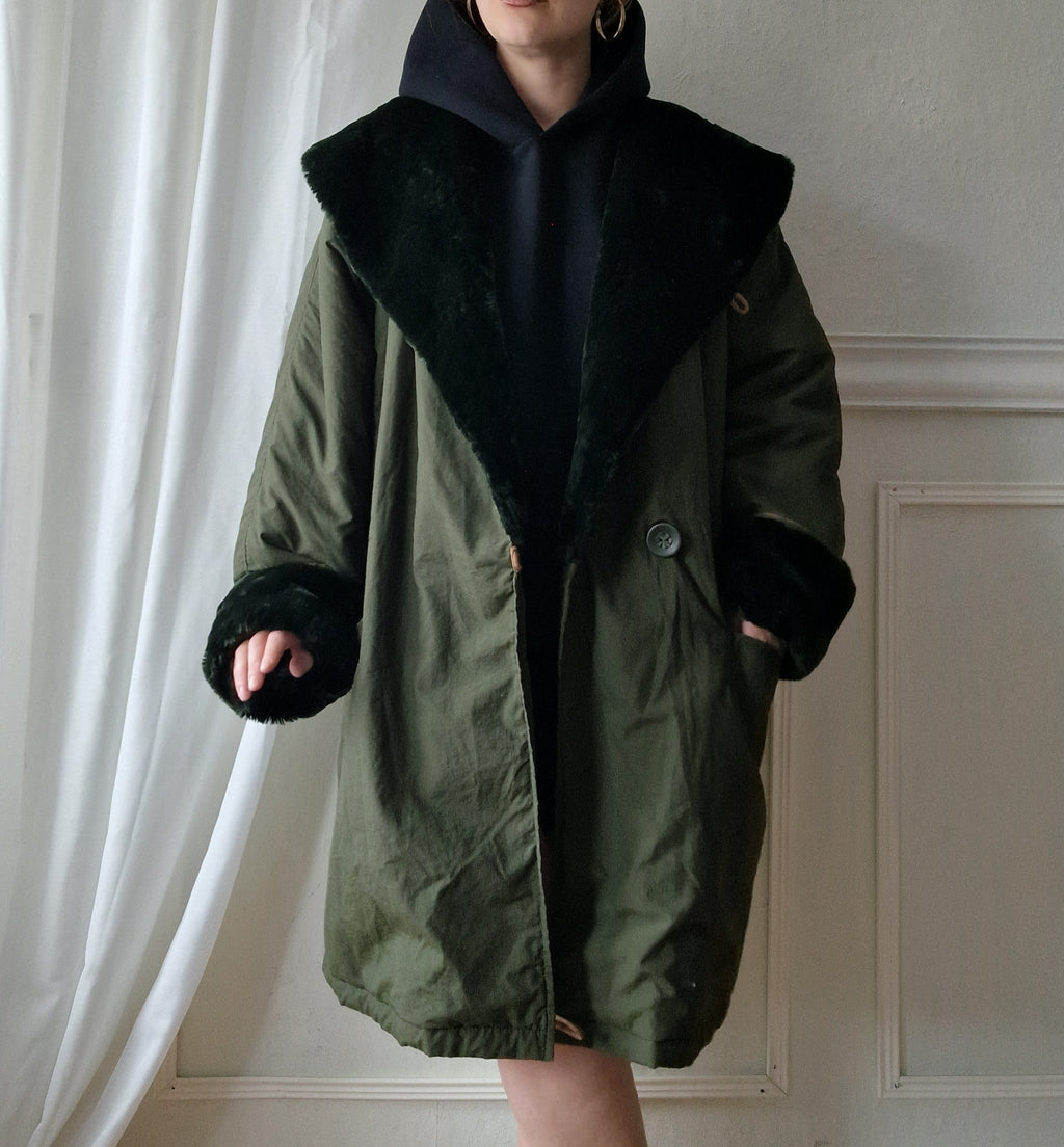 Vintage oversized coat in olive green with an expansive faux-fur shawl collar