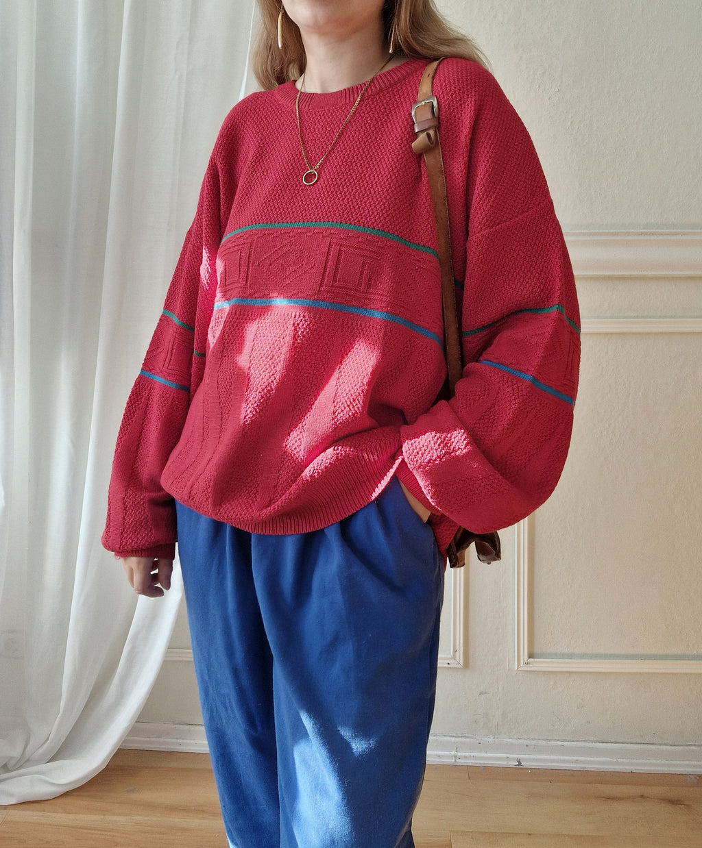 Roter Vintage Strickpullover mit Streifen