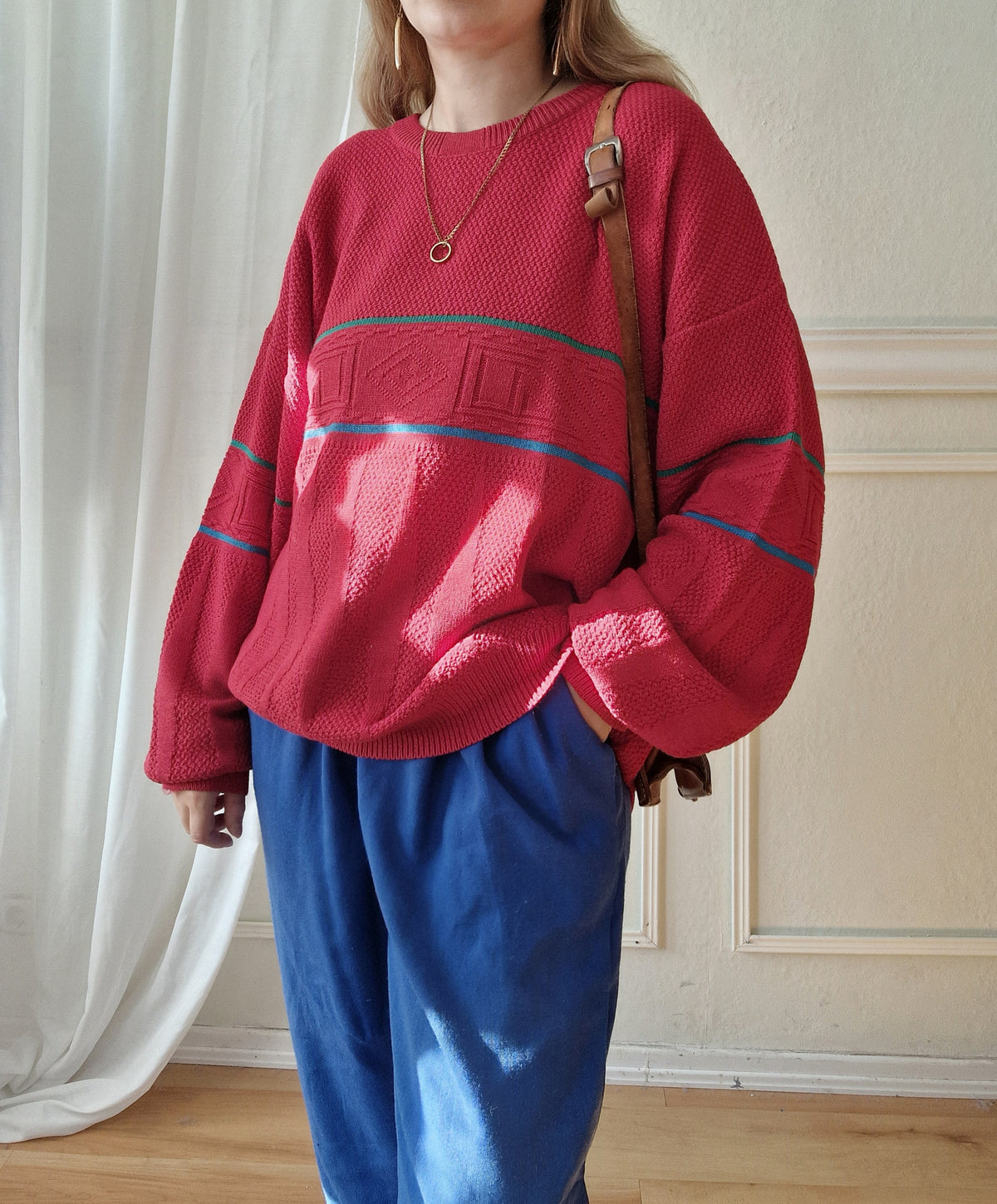 Red vintage knit sweater with stripes