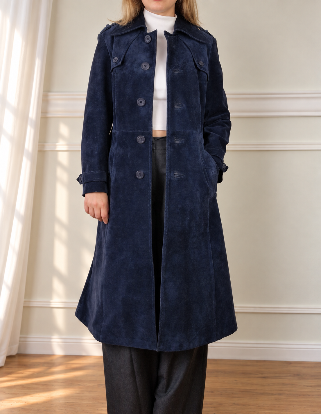 Vintage suede coat in deep navy