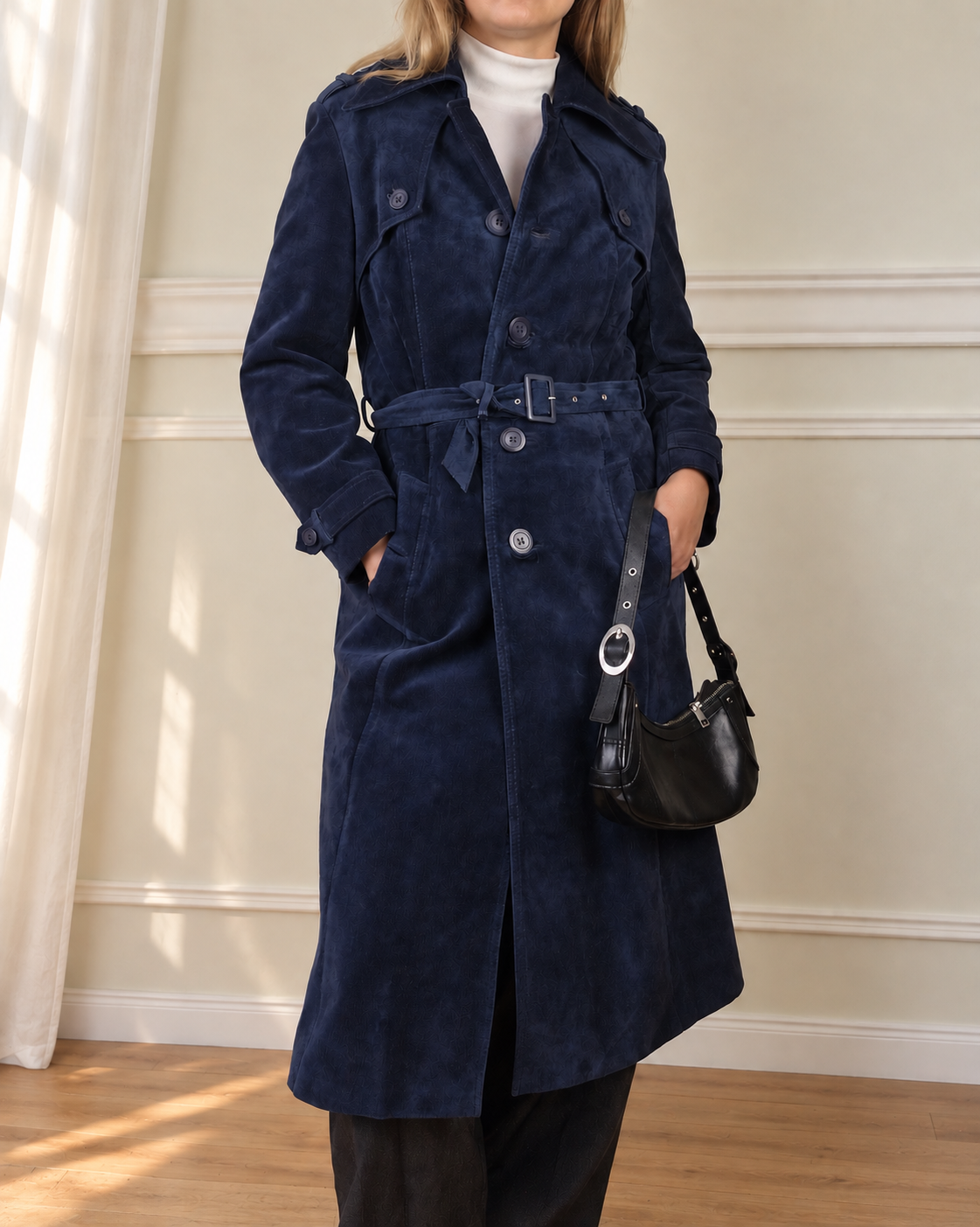 Vintage suede coat in deep navy