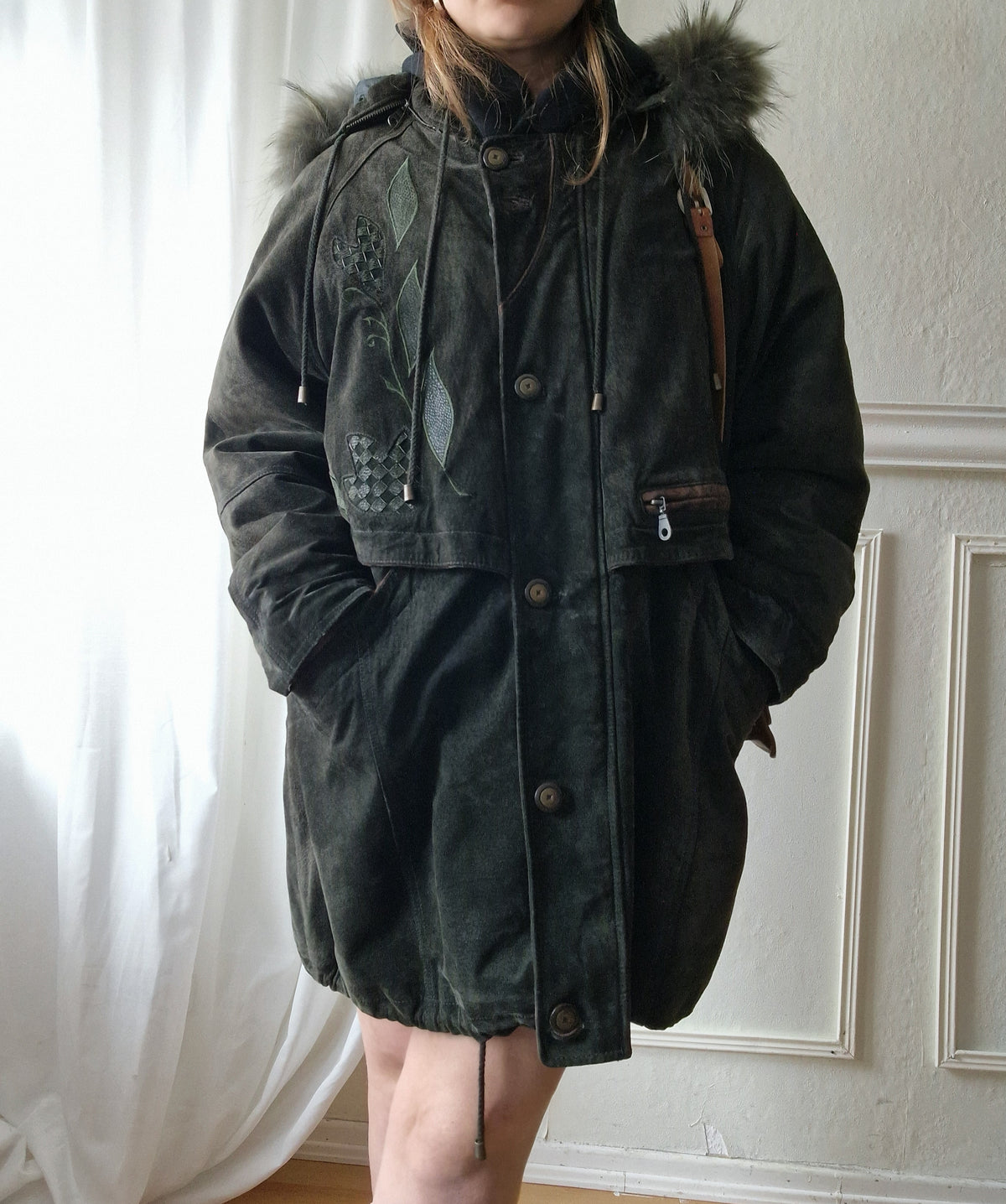 Vintage suede coat with real fur hood