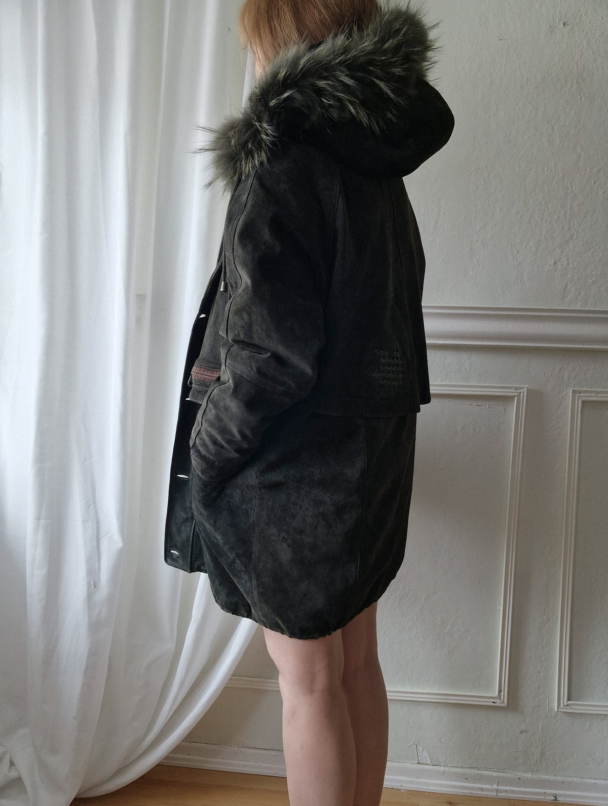 Vintage suede coat with real fur hood