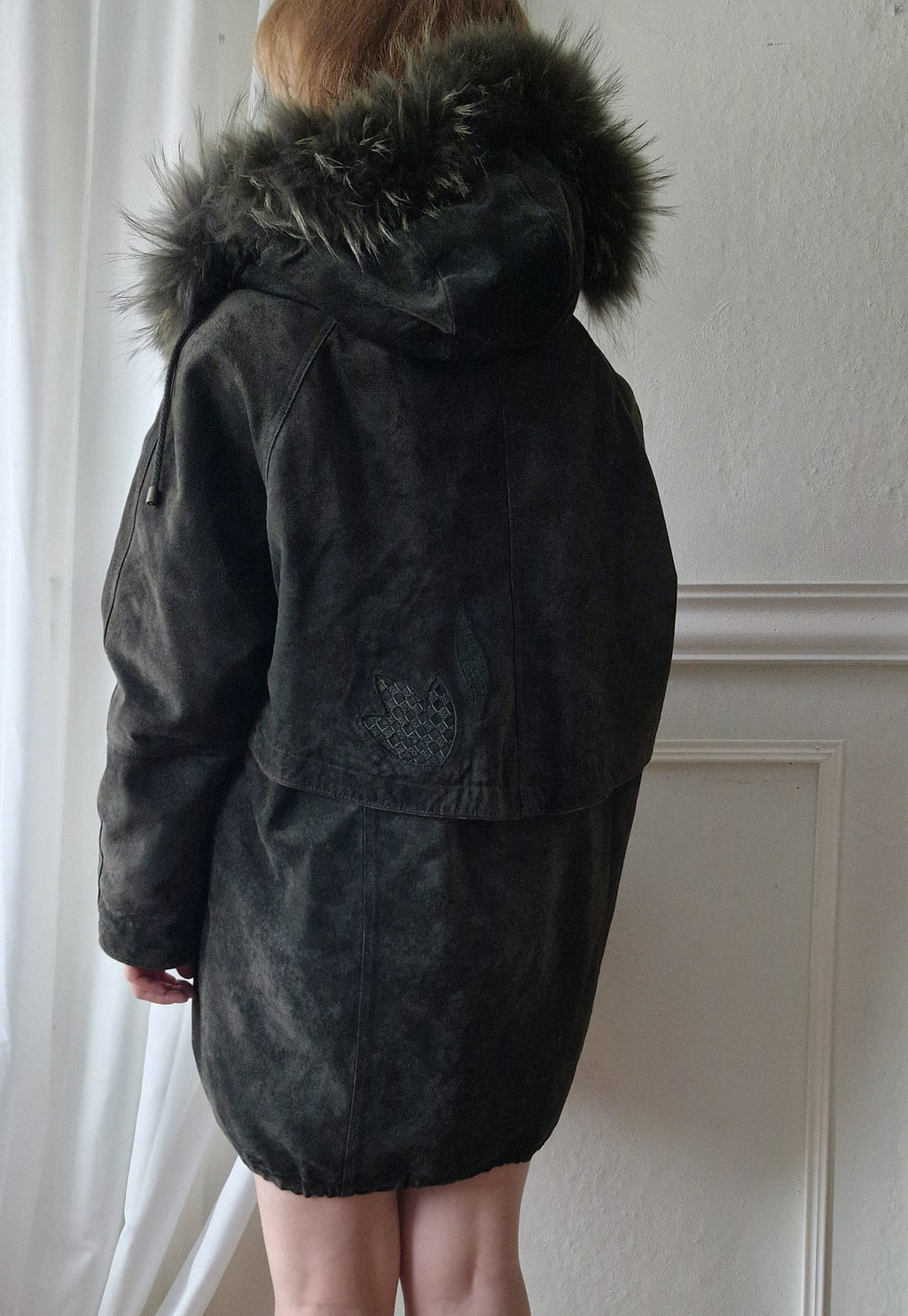 Vintage suede coat with real fur hood