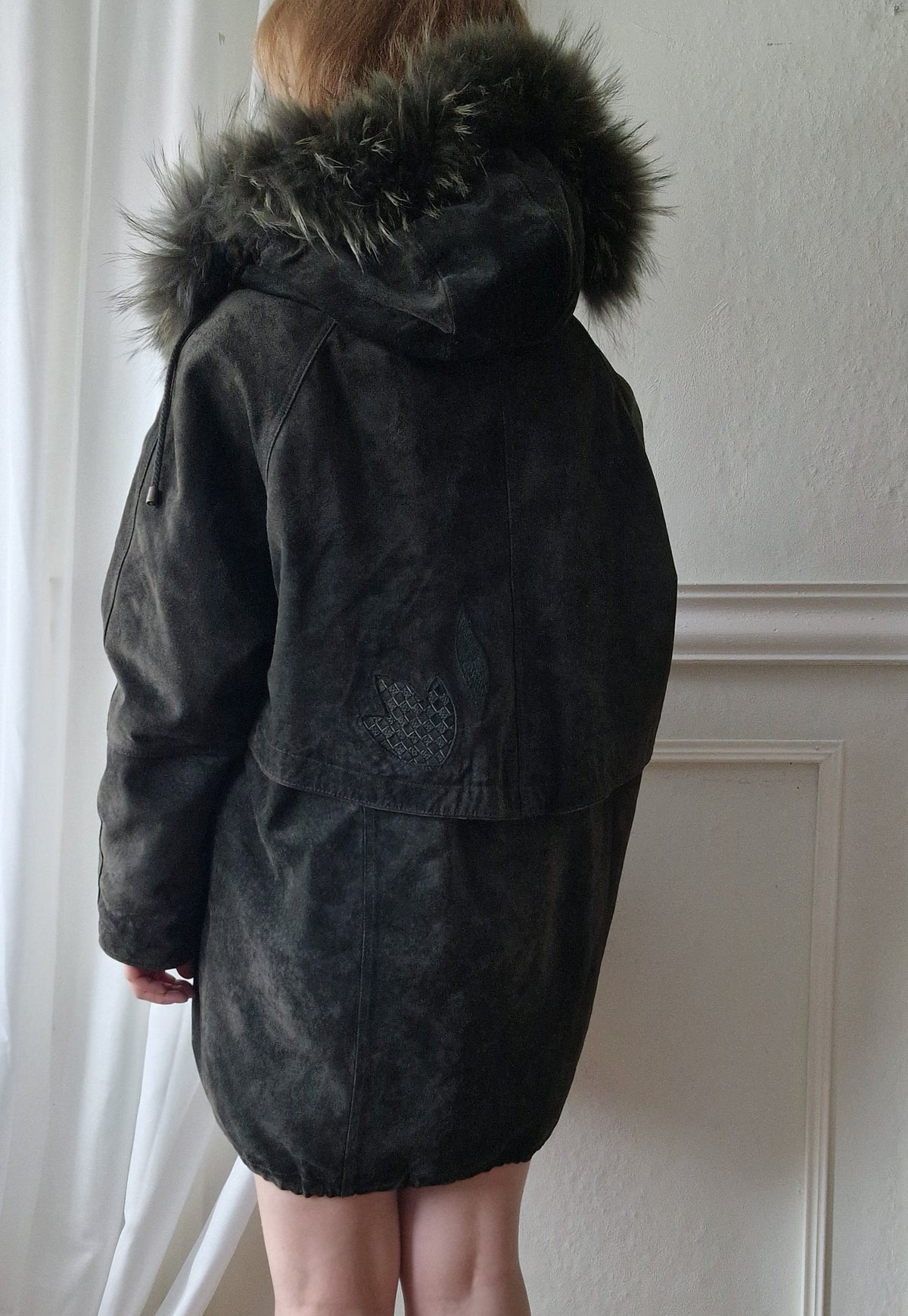Vintage suede coat with real fur hood