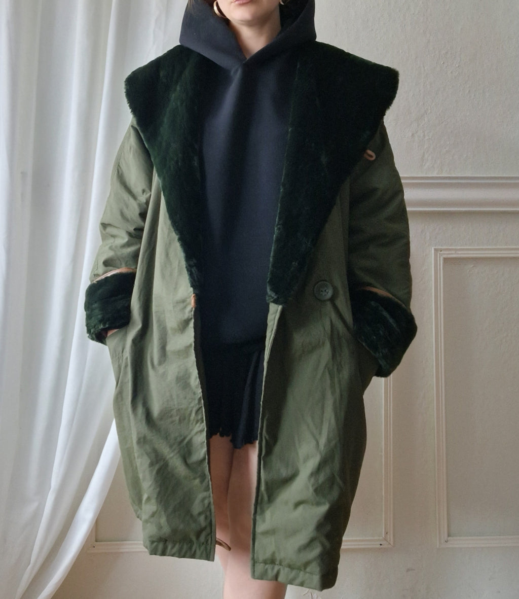 Vintage oversized coat in olive green with an expansive faux-fur shawl collar