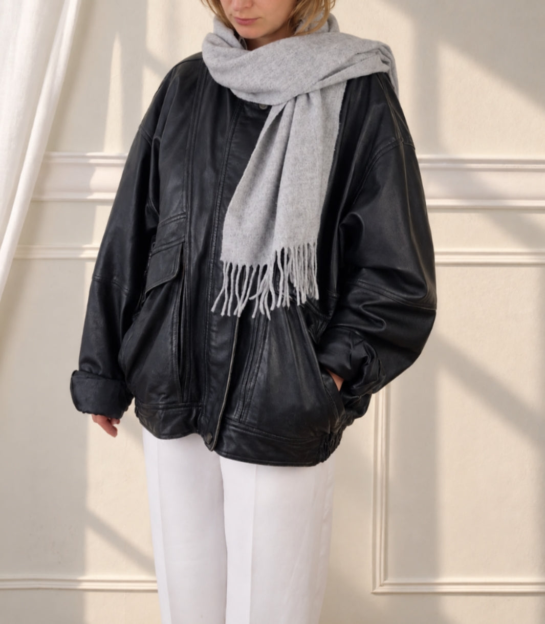 Oversized vintage leather jacket in black