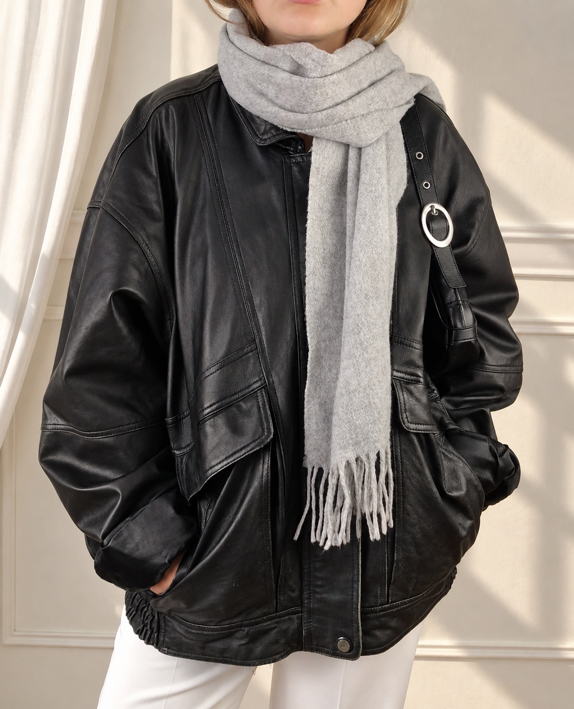Oversized vintage leather jacket in black