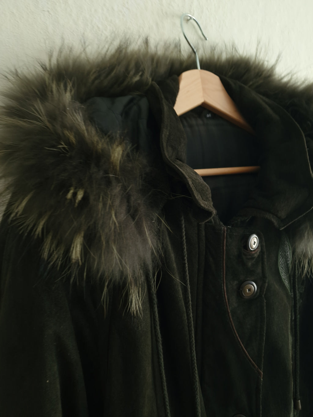 Vintage suede coat with real fur hood