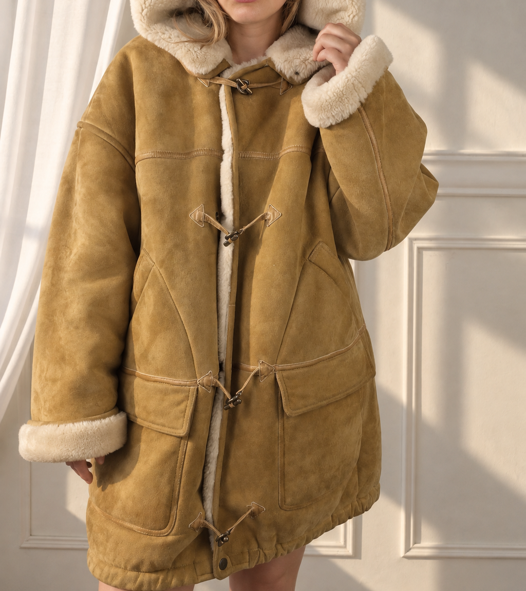 Vintage sheepskin coat in warm camel